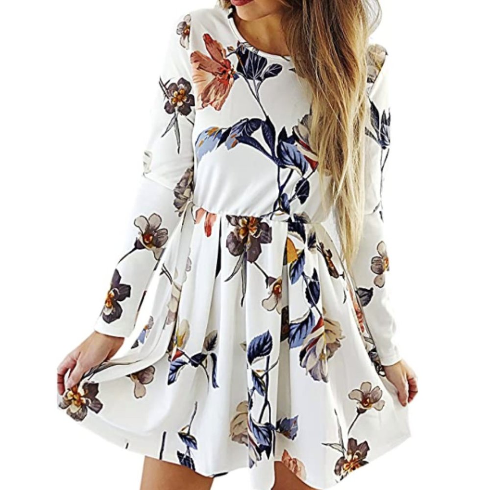 Floral Long Sleeve Swing Pleated Skater Dress